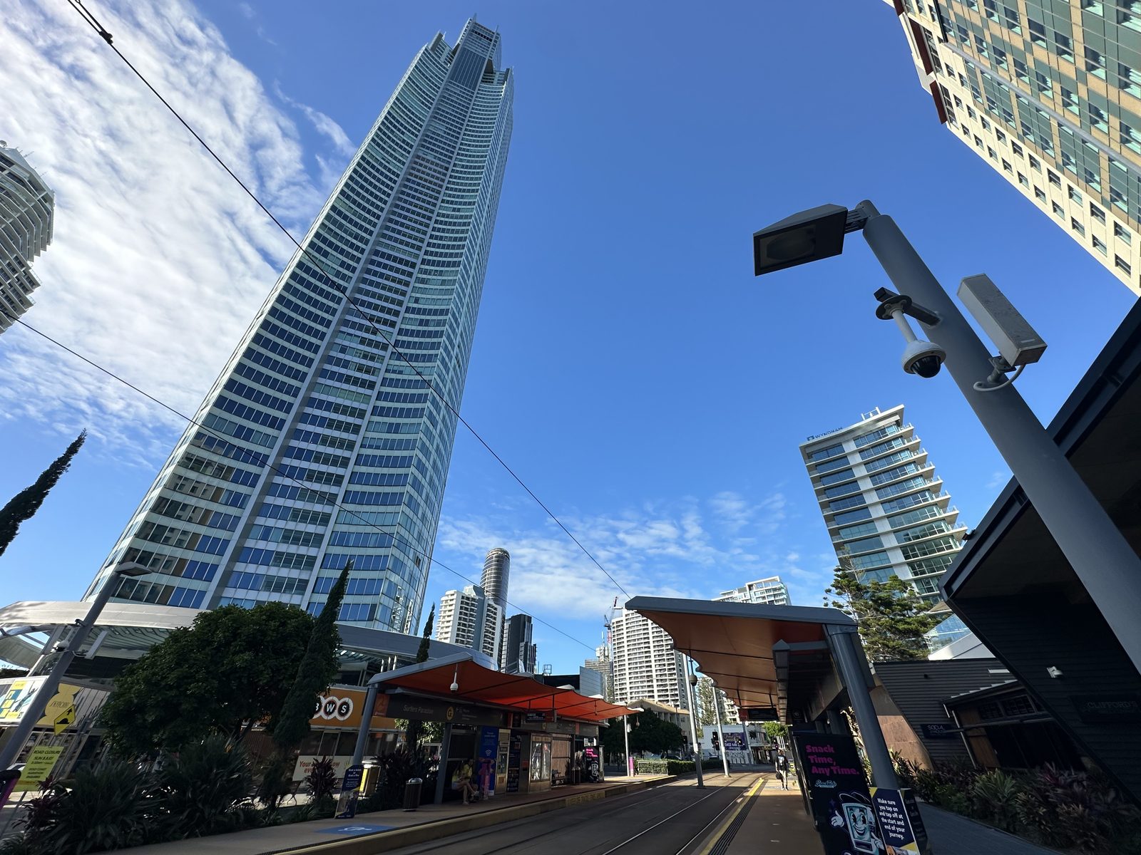 The Q1 tower at 9 Hamilton Avenue, seen from the street at Surfers Paradise light rail station